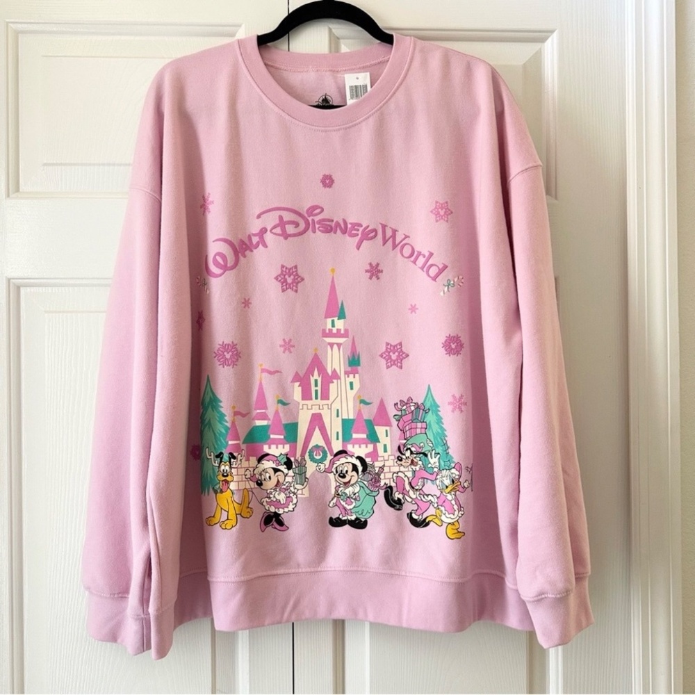 Disney Parks 2025 WDW Pink Holiday Castle Mickey Minnie Pluto Donald Size XL NEW - Picture 2 of 4